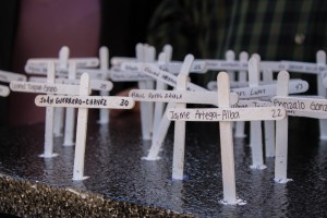 A group of crosses delivered to Devin Nunes' office on Tuesday. Photo by Tony Maldonado/Valley Voice