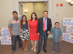Rudy Mendoza and family arrive to a victory celebration at the Visalia Convention Center.