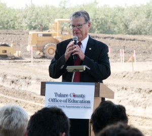 Tulare County Superintendent of Schools Jim Vidak addresses the crowd at the site of the new planetarium building groundbreaking.