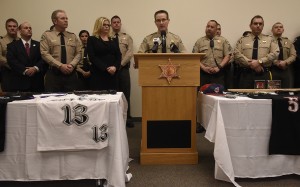 Sheriff Mike Boudreaux speaks to the media about the gang injunction against the Norteno criminal street gang during a press conference Friday, Feb. 5, 2016 at the Board of Supervisors. Courtesy/Tulare County Sheriff Department
