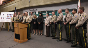 Sheriff Mike Boudreaux speaks to the media Thursday, Aug. 11, 2016, about a human trafficking organization in Tulare County. The Tulare County Sheriff's Office busted this trafficking ring that lured 23 juvenile and 29 adult victims  into sexual exploitation through social media. Courtesy/Teresa Douglass/TCSO