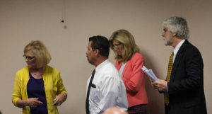 Bruce Greene, counsel for both TLHCD and HCCA, right, collected the lawsuit papers from each of the board members, including Linda Wilbourn, Richard Torrez, and Sherrie Bell. Tony Maldonado/Valley Voice