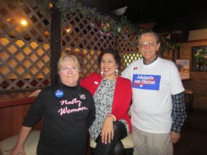 Ruth McKee, Abigail Solis, and Victor Moheno at an election party for Tulare County Democrats.