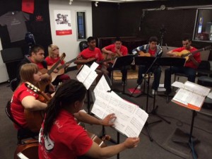 Lindsay High School Guitar Ensemble’s Honor Group prepares for performance.