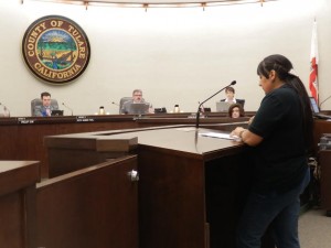 Tulare County Employee Lena Case gets emotional giving her testimony while the board listens attentively.