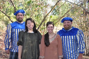 Oliver (Tom Crowe) woos Celia (Audrey Loeffler) and Orlando (Chris Shepard) woos Rosalind (Grace Loeffler)