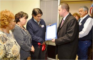 Democratic Central Committee officers Norma Burns, Grace Calderon and Ruben Macareno read congratulatory letter presented by State Assemblyman Devon Mathis with Lali Moheno and County Democratic Vice Chairman Jack Gonzalez.