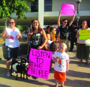 It got their goat that the chicken initiative failed. Pro-goat rally in front of the Visalia Convention Center before the public hearing Monday on raising chickens in residential zones.