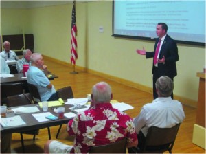 Devon Mathis speaks at the Central Valley Tea Party’s August 20 meeting. Catherine Doe/Valley Voice