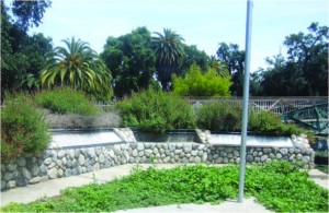 Vietnam War Memorial overgrown with weeds and panel missing