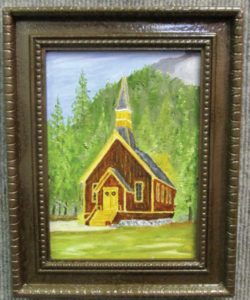 Tulare artist Robert Sutton’s oil miniature painting of Yosemite Valley Chapel, exhibited during the 2016 Tulare Historical Museum’s Miniature Exhibit. Photo/Nancy Vigran